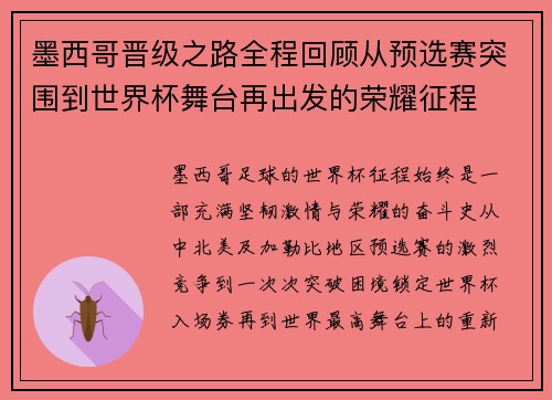墨西哥晋级之路全程回顾从预选赛突围到世界杯舞台再出发的荣耀征程